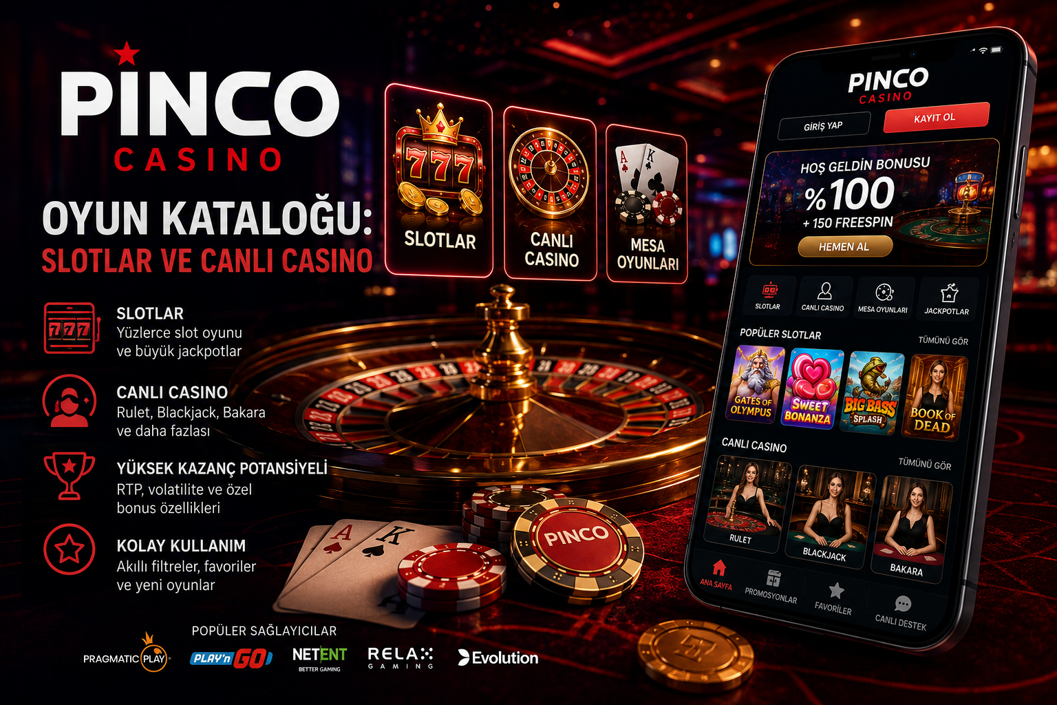 Pinco oyun kataloğu slotlar canlı casino ve mobil lobi görünümü